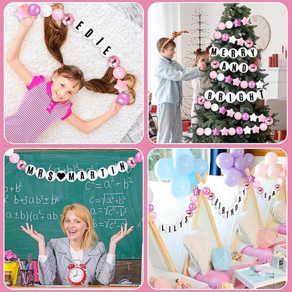Giant Friendship Bracelet Garland Kit, DIY Birthday Banner with Letters Ball Jumbo Customizable Friendship Bracelet Decor for Halloween Christmas Wedding Party(White, Pink)