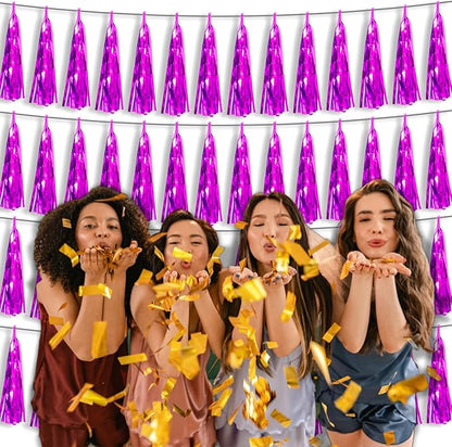 4P Hot Pink Foil Fringe Tassel Banner Garland Metallic Tinsel Streamers Wall Hanging Curtain Backdrop Banners for Parade Floats, 2024 Graduation Decorations, Wedding Party Decoration