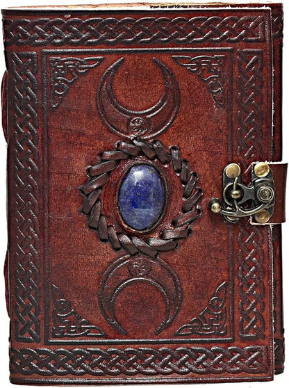 cuero 3 Moon Blue Lapiz Embossed Vintage Leather Journal for Men & Women - 128 Pages, Antique Handmade Deckle Edge Vintage Paper, Leather Journal Writing Notebook Dairy Gift (5 inch by 7 inch, Brown)
