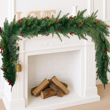 9FT Christmas Garland Artificial Norfolk Pine Tree Greenery, Cedar Cypress with Red Berries Pine Cones, Realistic Winter Holiday Mantel Fireplace Door Table Decor, Indoor Outdoor