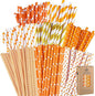 Cooraby 200 Pieces Thanksgiving Paper Straws Orange and Gold Assorted Paper Straws Biodegradable Drinking Straw Mix for Fall Leaf Autumn Wedding Supplies, 8 Style