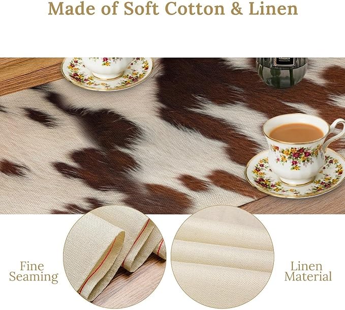 Farmhouse Cow Skin Print Table Runner, Safari Wildlife Brown Country Farm Cowhide Pattern Cotton Linen Rustic Cottage Table Runner for Dinning Home Party Holidays Home Setting, 13x60 Inch