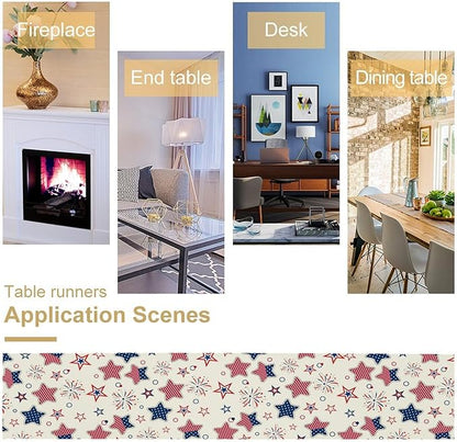 4th of July Table Runner, American Patriotic Independence Day Red Blue White Stars Stripes Fireworks Print Table Runner for Home Party Decor Kitchen Dining Table, 13x70inch