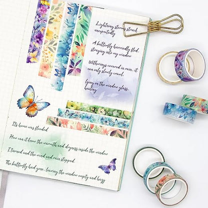 20 Rolls Washi Tape Set - Floral Butterfly Decorative Masking Tape, Adhesive Tape for Bullet Journal Supplies, Junk Journal, Diy Craft, Scrapbooking Supplies, Gift Wrapping, Party Decoration