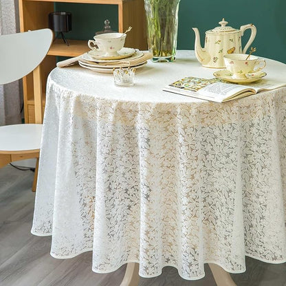 Lace Tablecloth Leaf Pattern Warp Knitting Fabric Solid White Round Table Cover for Kitchen Dining Farmhouse Wedding Party Decor Ivory, 70 Inch