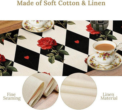 Vintage Rose Table Runner, Red Rose Hearts Black White Checkered Background Table Runner for Kitchen Dinning Table Runner Decor Home Wedding Party Holiday, 13x120 Inch