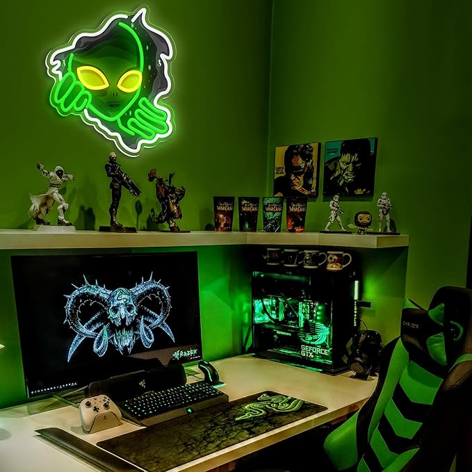Alien Neon Sign,Dimmable Green Alien Led Neon Lights for Wall Decor Game Room Home Bar Party Bedroom Man Cave Decor,USB Powered Alien Light up Sign Gifts for Kids Teen Boy Room Decor