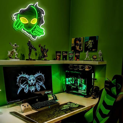 Alien Neon Sign,Dimmable Green Alien Led Neon Lights for Wall Decor Game Room Home Bar Party Bedroom Man Cave Decor,USB Powered Alien Light up Sign Gifts for Kids Teen Boy Room Decor