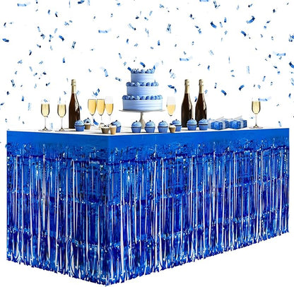 2 Pack Dark Blue Table Skirts, 29x108" Metallic Foil Tinsel Fringe Table Skirts for Rectangle Tables Streamer Curtains Backdrop, Party Decorations for Birthdays Weddings Holidays