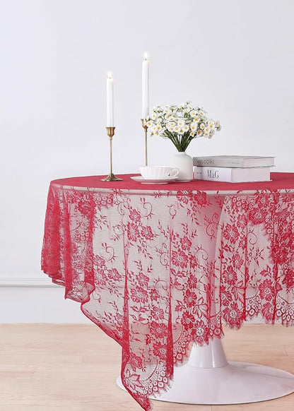 LuoluoHouse Red Tablecloth Christmas Lace Table Fabric 2pcs 60x120 Inch for Birthday Rustic Wedding Bridal Shower Party Decoration Rectangle Overlay Vintage Embroidered Reception Table Cloth Decor