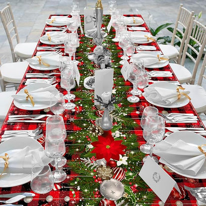 12Pcs Christmas Buffalo Plaid Snowflake Tablecloths,Plastic Red and Black Checkered Rectangle Christmas Tree Color Ball Table Cover for Winter Christmas New Year Holiday Party Decorations,54x108 inch