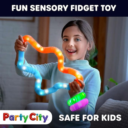 Party City 24pk LED Light Up Pop Tubes 25”- 3 Mode Stretchy Tubes LED Light Up Toys Bulk Glow Sticks Party Favors for Kids Necklaces Bracelets Neon Glow in the Dark Supplies Fidget Sensory Tube Pack