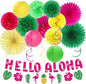 Hawaiian Aloha-Luau Flamingo Party-Decorations Supplies - 21pcs Hello Banner,Pool Paper Lanterns Honeycomb,Beach Theme Streamers Garland,Tissue Pom Poms Flowers Fan,Tropical Summer Tiki Decor Burgleda