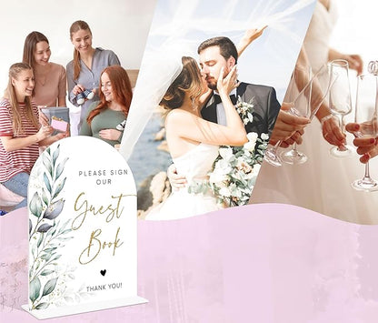Acrylic Wedding Signs, Greenery Theme Please Sign Our Guestbook, Wedding Reception Signage, Bridal Shower Table Decor with Stand, Engagement, Anniversary, Newlywed Events and Parties Supplies, 19