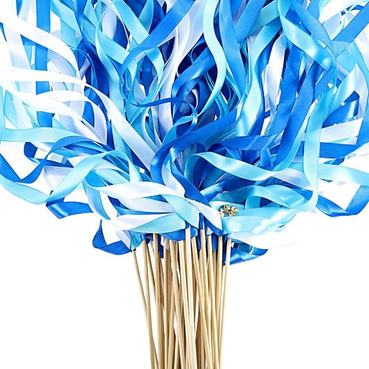 Boao 40 Pieces Mixed Color Ribbon Sticks with Bell, Ribbon Sticks for Stick Party, Streamers for Wedding Birthday Party Celebration Baby Shower Favors(Blue)