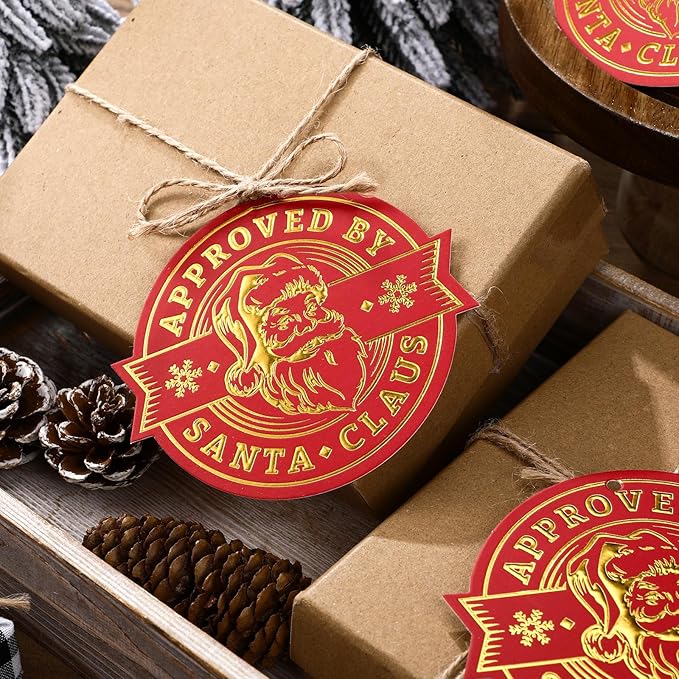 36 Pcs Christmas Gift Tag with String 3D Santa Gift Tag Gold Foil Present from Santa Claus Premium Gold Tags for Kids Christmas Party Decor(Classic)