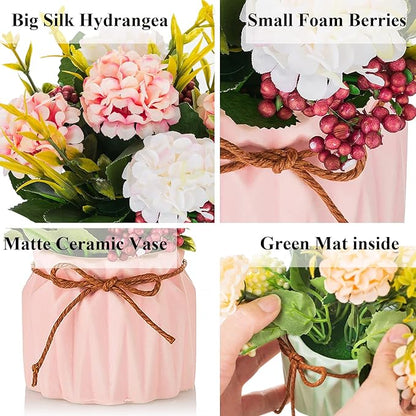 BLOSMON Fake Flowers in Vase for Centerpieces: 4 PCS 5.9 Inch Small Artificial Hydrangea with Vase Table Decor - Faux Floral Arrangements Desk Home Party Bathroom Office Decorations