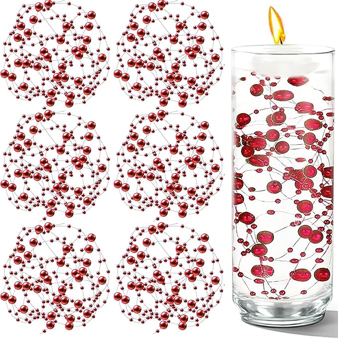 50 PCS Artificial Floating Beads for Centerpieces Vases, Red 8+3mm String Beads for Wedding Party Faux Pearl String for Decorating, String Pearls for Crafts Vase Filler