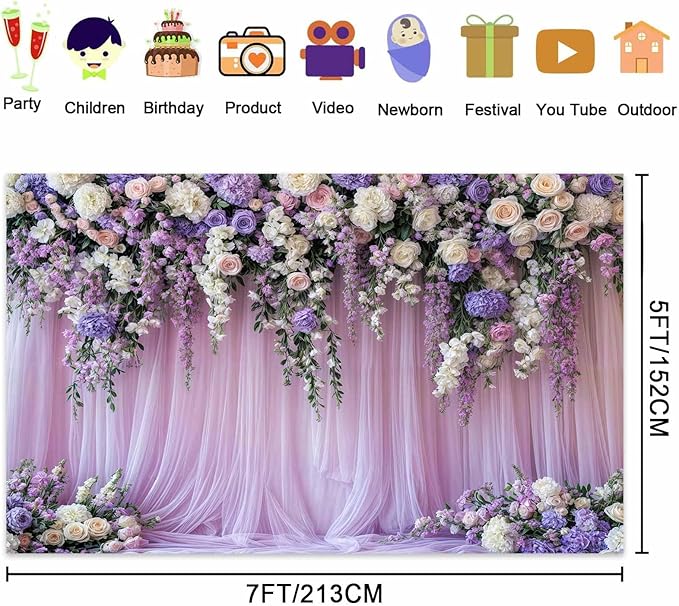 5x4ft Purple Lavender Floral Bridal Backdrop Wedding Flower Photography Backdrop for Girl Portrait Baby Shower Birthday Party Decor Banner Mother's Day Party Wall Backdrop Studio Photo Backgrounds