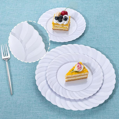 U-QE 60 Pcs White Plastic Plates for Party – Scalloped Plastic Plates Heavy Duty & Elegant – Include 30 10.25" Dinner & 30 7.25" Dessert Plate - Perfect for Weddings, Bridal Showers and Parties