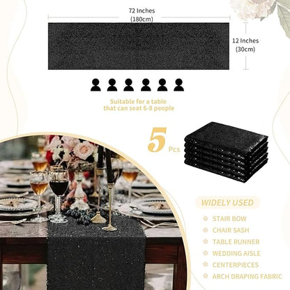 Sequin Table Runners 5 Pieces Black Table Runners 12x72 Inch Glitter Dining Table Cover for Party Wedding Birthday Reception Banquet Decoration Spring Party Chair Sashes