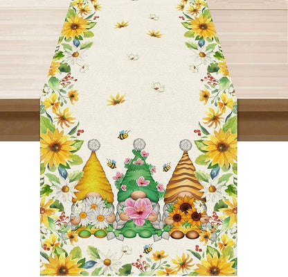 XCHI Yellow White Daisies Flowers Gnomes Spring Table Runner Burlap Table Decoration for Summer Seasonal Home Kitchen Dining Dinner Indoor Holiday Farmhouse Decor 13x60 Inch