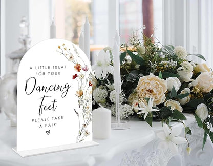Boho Floral Dancing Feet Sign, 6 x 8 Inch White Arch Acrylic Wedding Sign with Holder, Wedding Sign for Ceremony and Reception, Wedding Decoration, Wedding Supplies - BX24