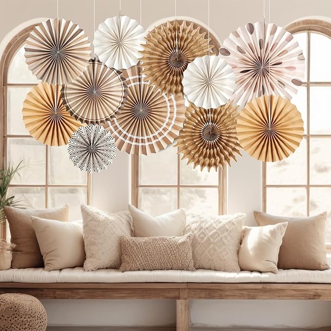 Boho Hanging Paper Fans White Brown Champagne Party Decorations Neutral Rustic Paper Fans Classroom Decoration for Baby Shower Birthday Wedding Bridal Party
