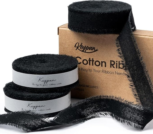 Black Ribbon 5/8" x 21 Yards with Frayed Fringe Fabric Cotton Ribbons for Gift Wrapping Wedding Invitations Flower Bouquet Baby Shower