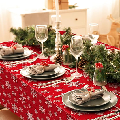 Jectivs 3 Pieces Christmas Snowflake Plastic Party Tablecloth Decorations,White Snowflake Red Xmas Backdrop Sign Table Cover Banner for Winter Christmas Holiday Party Supplies,54x108 inch (Red)