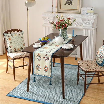 ISAENNE Designer Light Green Linen Table Runner 102 Inches Long,French Floral Patterns Elegant Table Runner for Dining Tables,Thanksgiving,Kitchen Tables,Christmas,12"*102"-Floralsea B