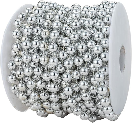 8mm Crafts Faux Pearl Beads Garland Pearl Bead Roll Strand of Pearls to Decorate Floral Centerpieces Wedding Party Favor Christmas Tree(33 Feet Silver)