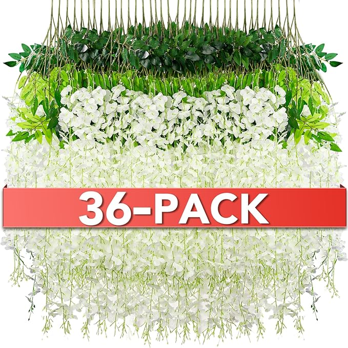 Wisteria Hanging Flowers,Fake Hanging Flowers,Wisteria artificiales Garland for Home Wedding Arch Floral Party Garden Ceremony Outdoor Decor,3.6 feet Long(36,White)