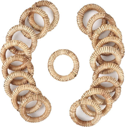 Woven Napkin Rings Set of 12 - Handmade Rattan Napkin Holders for Farmhouse Table Décor, Rustic Holiday Dining, Wedding, Thanksgiving, Christmas & Everyday Use (Natural) - CLEENTABLE