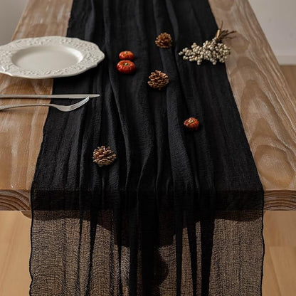 3pcs Halloween Table Runner Black Cheesecloth Gauze Rustic Premium Cotton Cheese Cloth Table Runner 120 Inch 10 FT for Wedding Bridal Baby Shower Long Sheer Boho Decorations