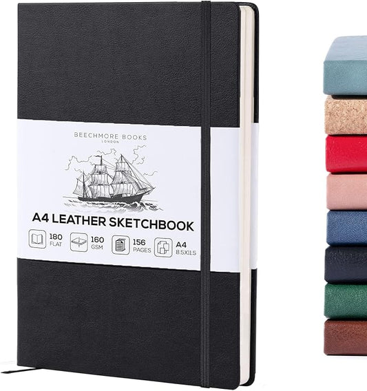 Beechmore Books A4 Sketchbook – 8.5x11 Premium Vegan Leather Bound Large Sketch Book Hardcover with 156 Thick 160gsm Perforated Ivory Pages, Blank Sketch Pad, Gift Boxed, Back Pocket, Ribbon Bookmark