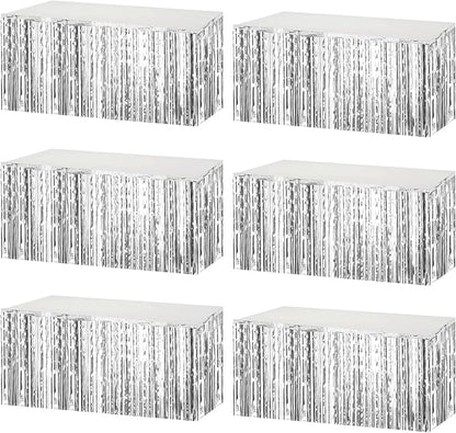 6 Pack 29x108 Inch Metallic Foil Fringe Tinsel Table Skirts Banner for Rectangle Tables Streamer Garland Curtains Backdrop for Wedding, Birthday, Parade Floats, Christmas Party Decoration(Silver)