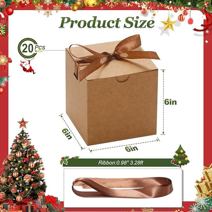 DOYIDE 20 Pack Small Gift Boxes, 6x6x6 Inch Brown Elegant Paper Boxes with Ribbons, Christmas Gift Box Crafting, Wedding Party Favor, Cupcake, Candy, Bridesmaids Proposal Box