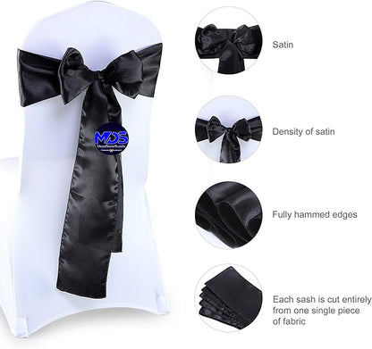 MDS Pack of 125 PCS Satin Chair Sashes Charmeuse Sateen Dining Chair Bows Ribbon Ties Back Sash for Wedding Party Birthday Home Hotel Restaurant Banquet Decoration (7 x 108 Inch, Black)