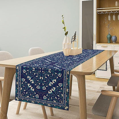 Boho Floral Vintage Table Runner, Retro Morris Abstract Blue Flower Rustic Country Farmhouse Pattern for Home Kitchen Table Decor Dining Coffee Room Wedding Party Decor 13x60in