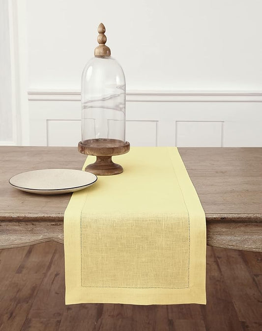 Solino Home Linen Yellow Table Runner 144 Inches Long - 100% Pure Linen Extra Long Table Runner 14 x 144 Inch - Classic Hemstitch