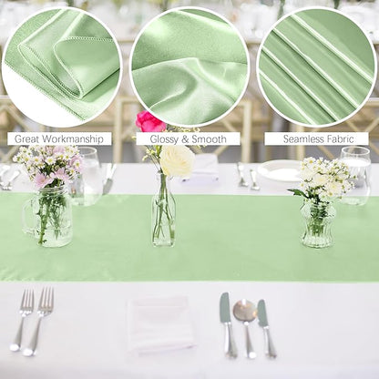 Aneco 12 Pack Satin Table Runner 12 x 108 Inch Sage Green Long Wedding Satin Silk Spring Table Runner for Wedding Banquet Graduations Birthday Party Decoration