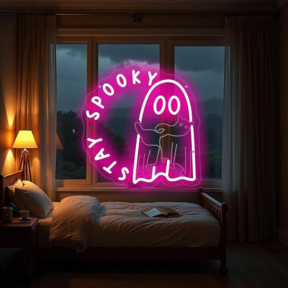 Halloween Ghost holding a cat Stay Spooky Neon Sign, Funny Halloween Party Wall Decor, Spooky Season Room Sign for Boo Wall Decor Neon Light for Bar Man Cave Home Yard Decoration Funny Spooky Vibes-Pink