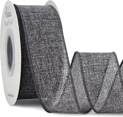 Ribbli Grey Burlap Wired Ribbon,1-1/2 Inch x 10 Yard,Gray,Solid Wired Edge Ribbon for Big Bow,Wreath,Tree Decoration,Outdoor Decoration