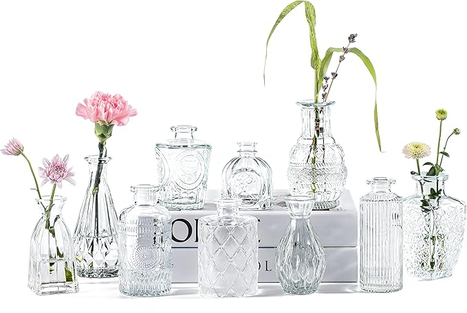 Vintage Small Vases for Flowers Set of 10, Mini Bud Vases for Flowers,Clear Small Vases in Bulk for Centerpieces Decorations,Wedding Party Home Coffee Table Flower Decor (Clear)