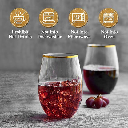 FOCUSLINE 20pcs 16 Oz Plastic Wine Glasses, Stemless Gold Rim, Heavy Duty Disposable Drinking Cups, Reusable Shatterproof for Party & Wedding