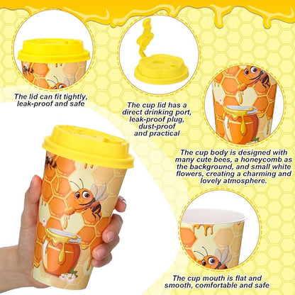 Yungyan 36 Sets Honey Bee Party Favors Goodie Cups with Lids and Straws for Birthday Decorations Reusable 16oz Plastic Candy Cups Plastic Straws for Birthday Party(Bee)