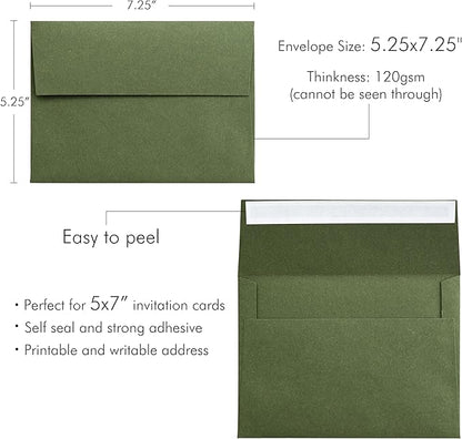 PONATIA 50 PCS 5x7 Envelopes, Olive Green Self- Adhesive A7 Envelopes for Weddings, Invitation Cards, Photos, Postcards, Greeting Cards Mailing, Baby Shower, Graduation, Christmas Gift Cards