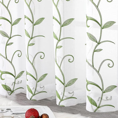 VISIONTEX Embroidered Green Sheer Voile Curtains, Leaves Embroidery Faux Linen Rod Pocket Window Drapes for Living Room and Girls Bedroom 54 x 84 Inch, Set of 2 Curtain Panels