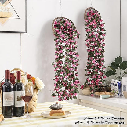 8 Pcs x 8.2 ft Flower Garland Artificial Rose Vine Flowers with Green Leaves Hanging Fake Roses Vine for Room Party Home Wedding Birthday Christmas Wall Arch Decor, Spring Magenta Flower